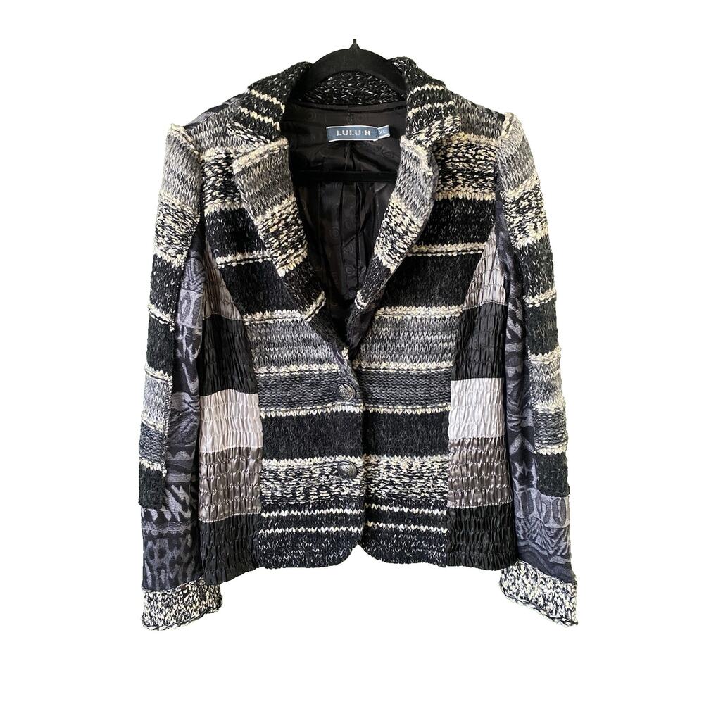 LULU H Blazer Jacket Womens Size XL Gray Career Office Jacquard Black Gray Knit
